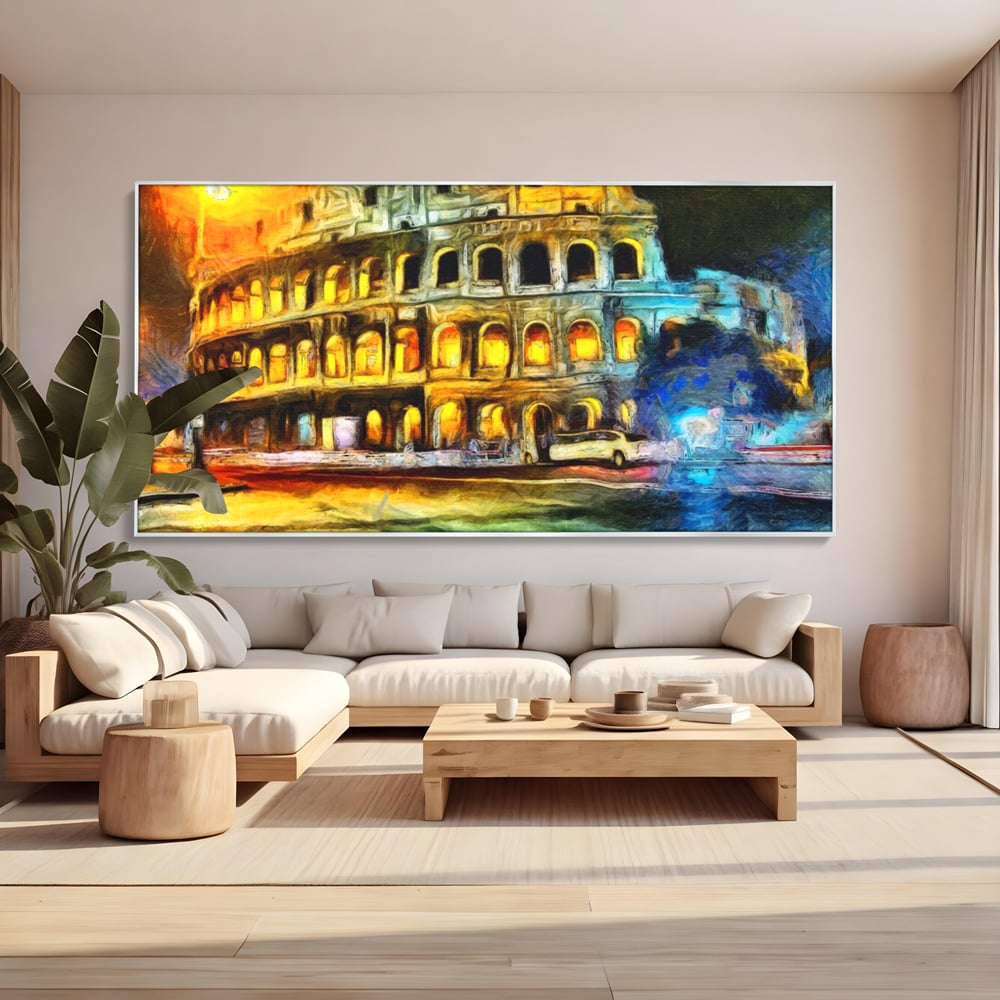 Tablou canvas cu pictura digitala cu colosseumul din roma noaptea, in rama de aluminiu argintiu, pe perete intr-un living